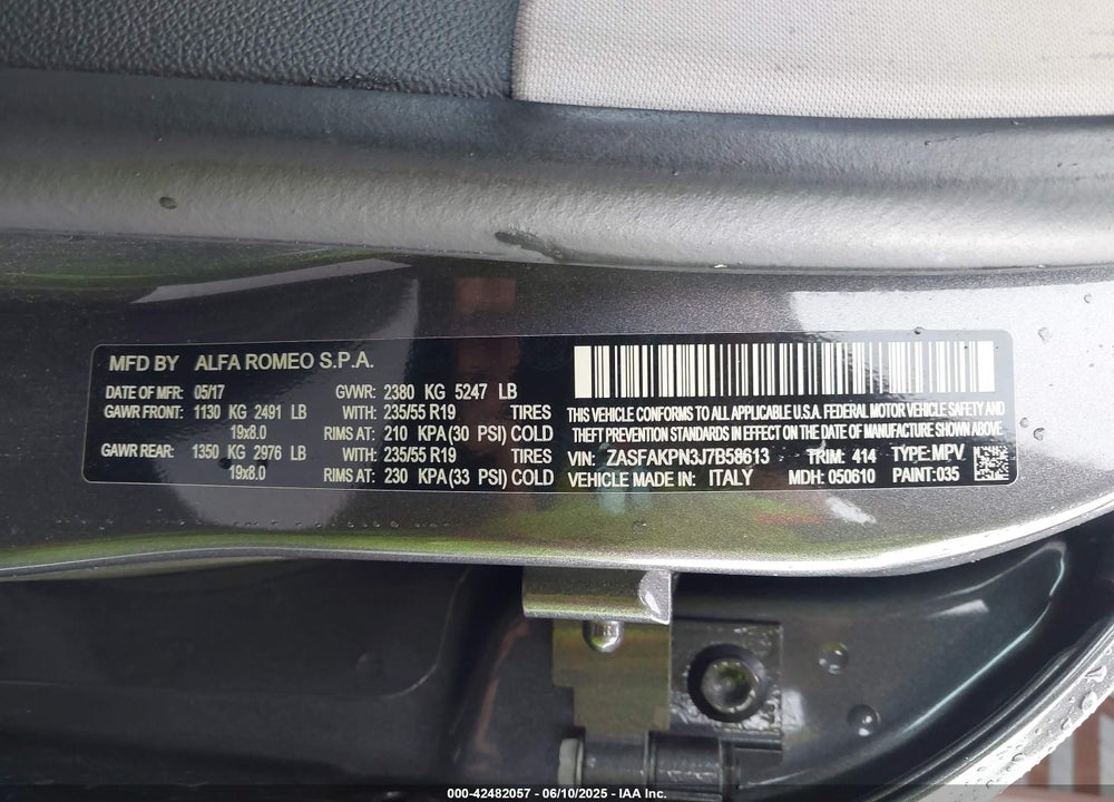 2018 ALFA ROMEO STELVIO VIN: ZASFAKPN3J7B58613