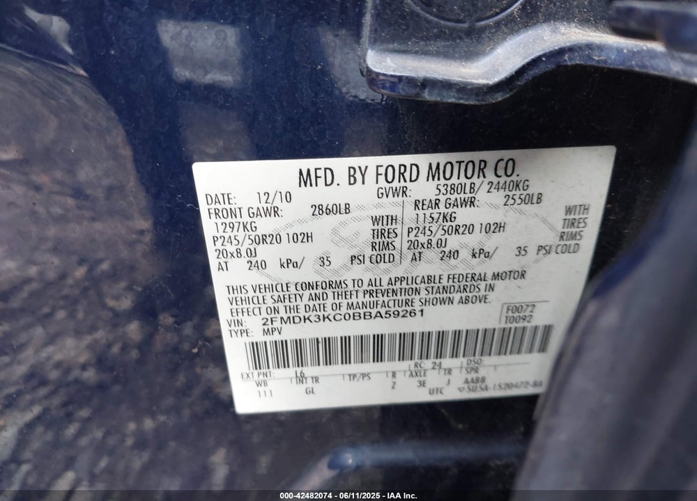 2011 FORD EDGE VIN: 2FMDK3KC0BBA59261