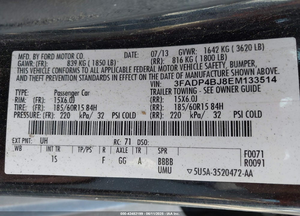 2014 FORD FIESTA SE VIN: 3FADP4BJ8EM133514
