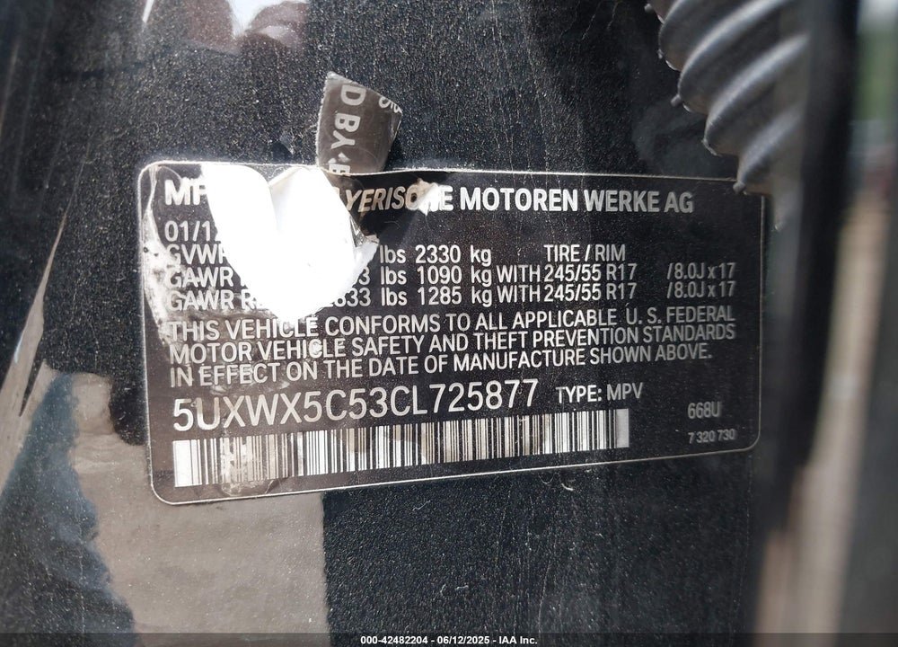 2012 BMW X3 VIN: 5UXWX5C53CL725877