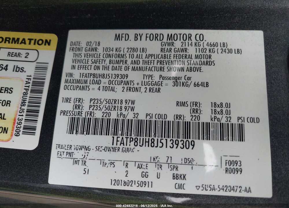 2018 FORD MUSTANG ECOBOOST PREMIUM VIN: 1FATP8UH8J5139309