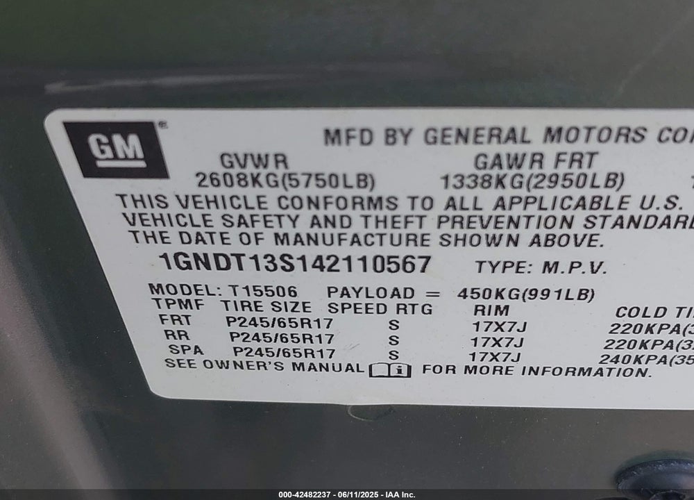 2004 CHEVROLET TRAILBLAZER LT VIN: 1GNDT13S142110567