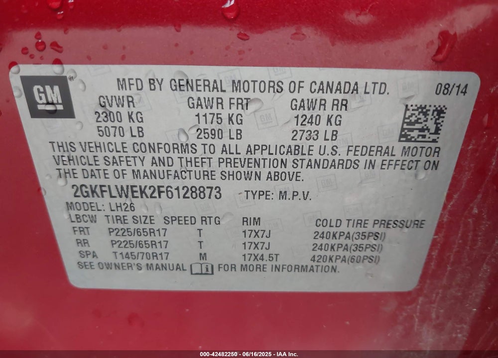 2015 GMC TERRAIN VIN: 2GKFLWEK2F6128873