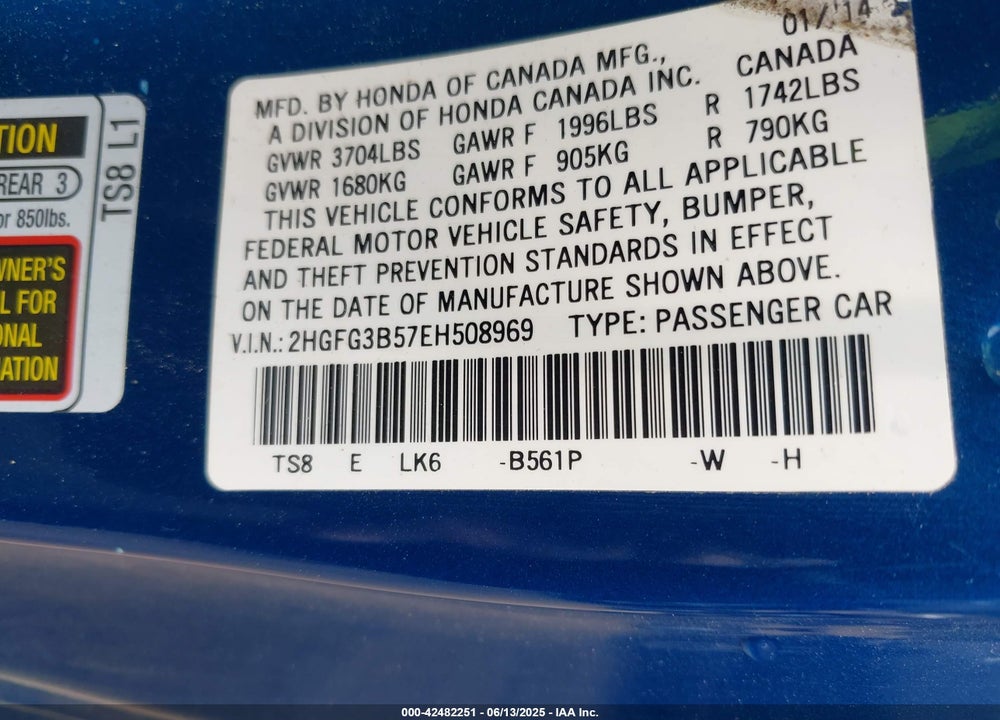 2014 HONDA CIVIC VIN: 2HGFG3B57EH508969