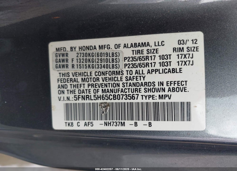2012 HONDA ODYSSEY EX-L VIN: 5FNRL5H65CB073567