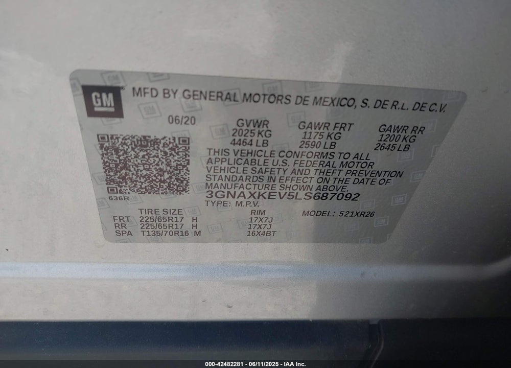 2020 CHEVROLET EQUINOX VIN: 3GNAXKEV5LS687092