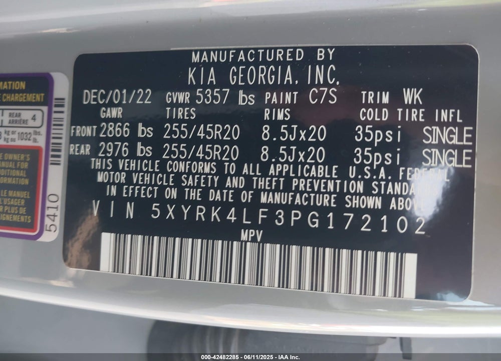 2023 KIA SORENTO VIN: 5XYRK4LF3PG172102