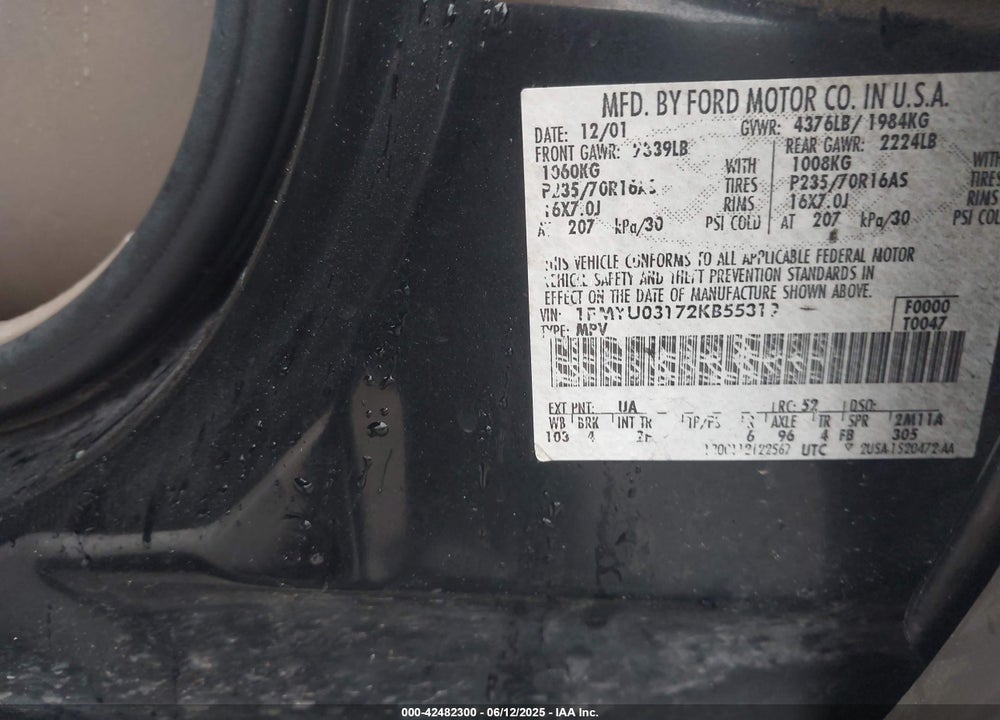 2002 FORD ESCAPE XLT VIN: 1FMYU03172KB55319