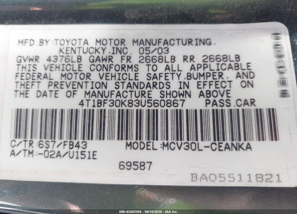 2003 TOYOTA CAMRY LE V6/SE V6/XLE V6 VIN: 4T1BF30K83U560867