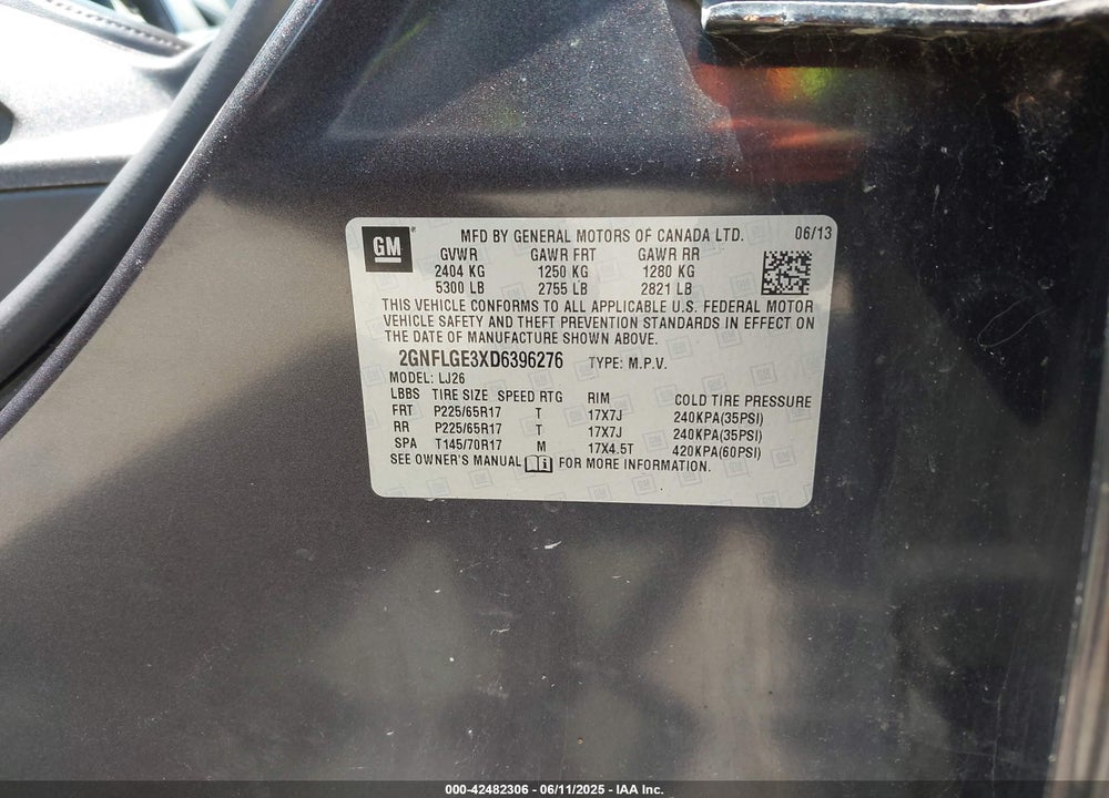 2013 CHEVROLET EQUINOX LTZ VIN: 2GNFLGE3XD6396276