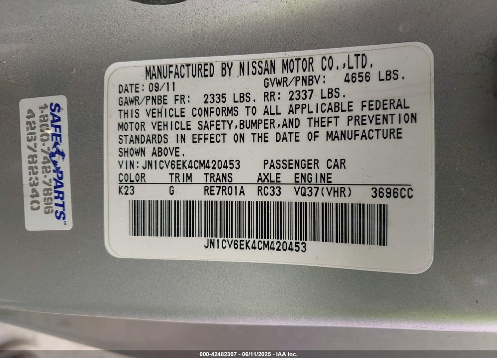 2012 INFINITI G37 VIN: JN1CV6EK4CM420453