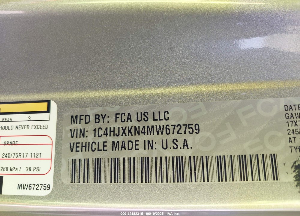 2021 JEEP WRANGLER UNLIMITED VIN: 1C4HJXKN4MW672759