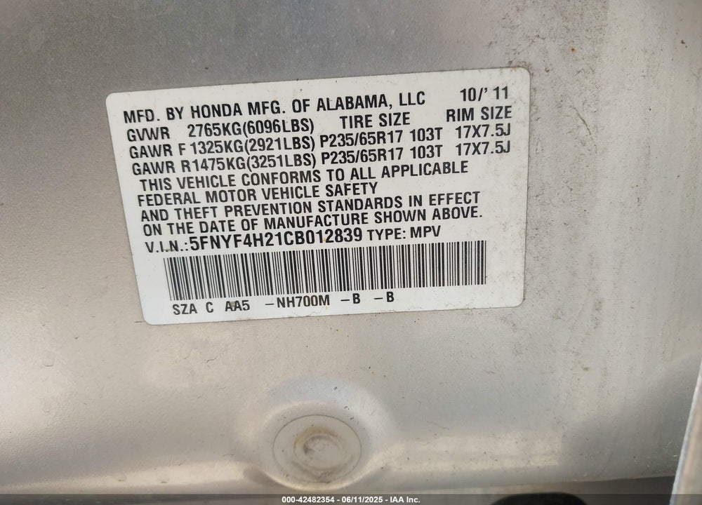 2012 HONDA PILOT VIN: 5FNYF4H21CB012839