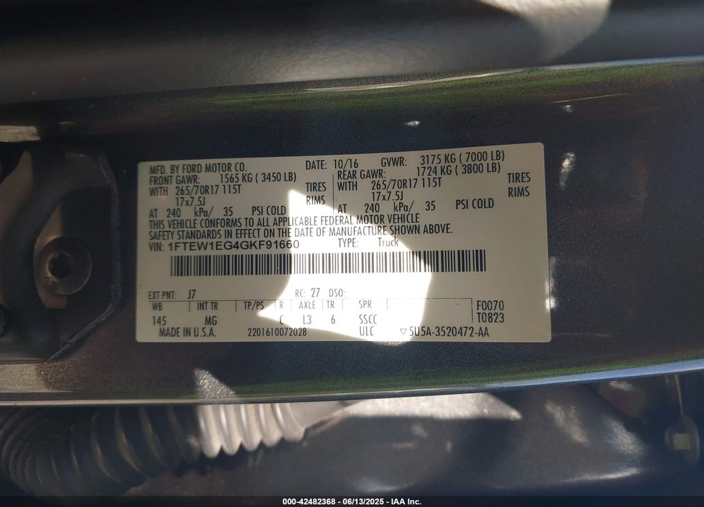 2016 FORD F-150 VIN: 1FTEW1EG4GKF91660