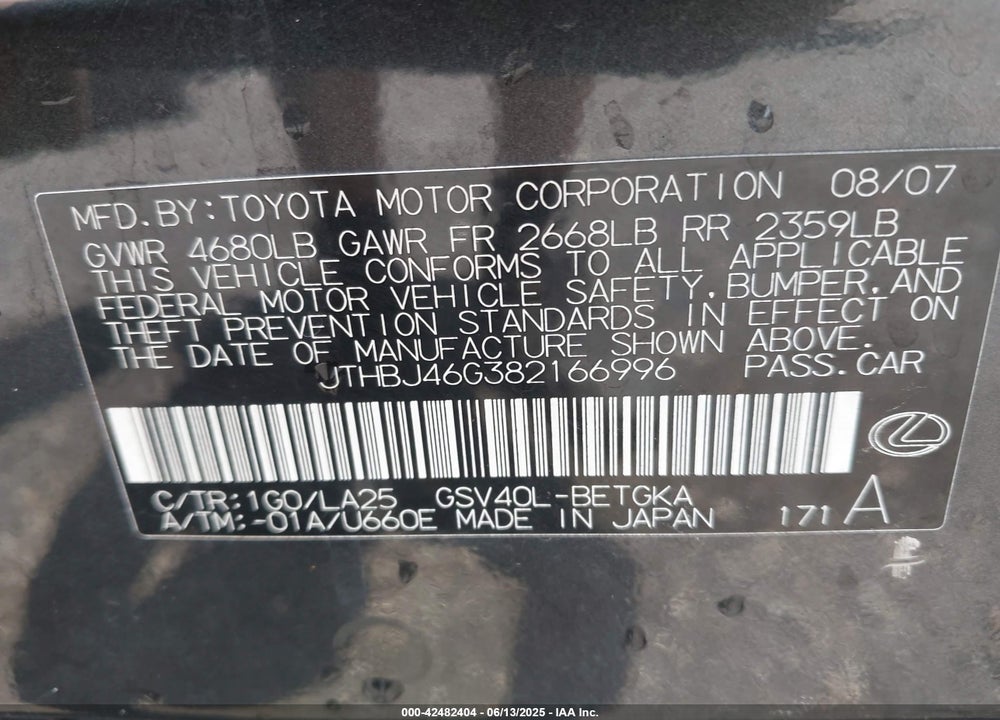 2008 LEXUS ES 350 VIN: JTHBJ46G382166996
