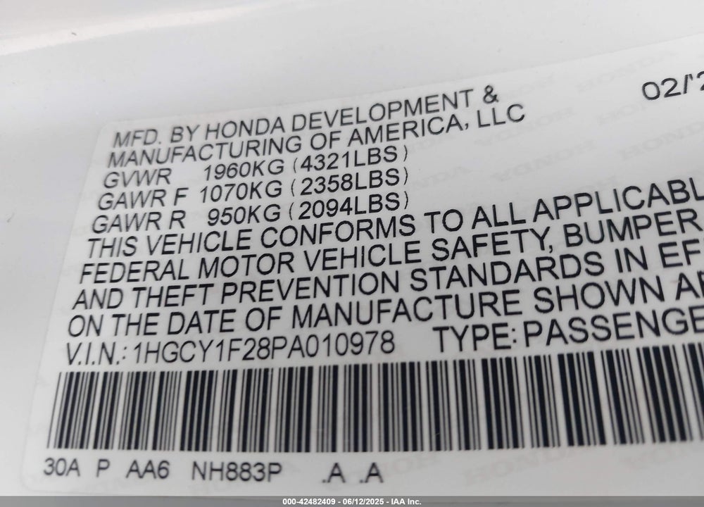 2023 HONDA ACCORD VIN: 1HGCY1F28PA010978