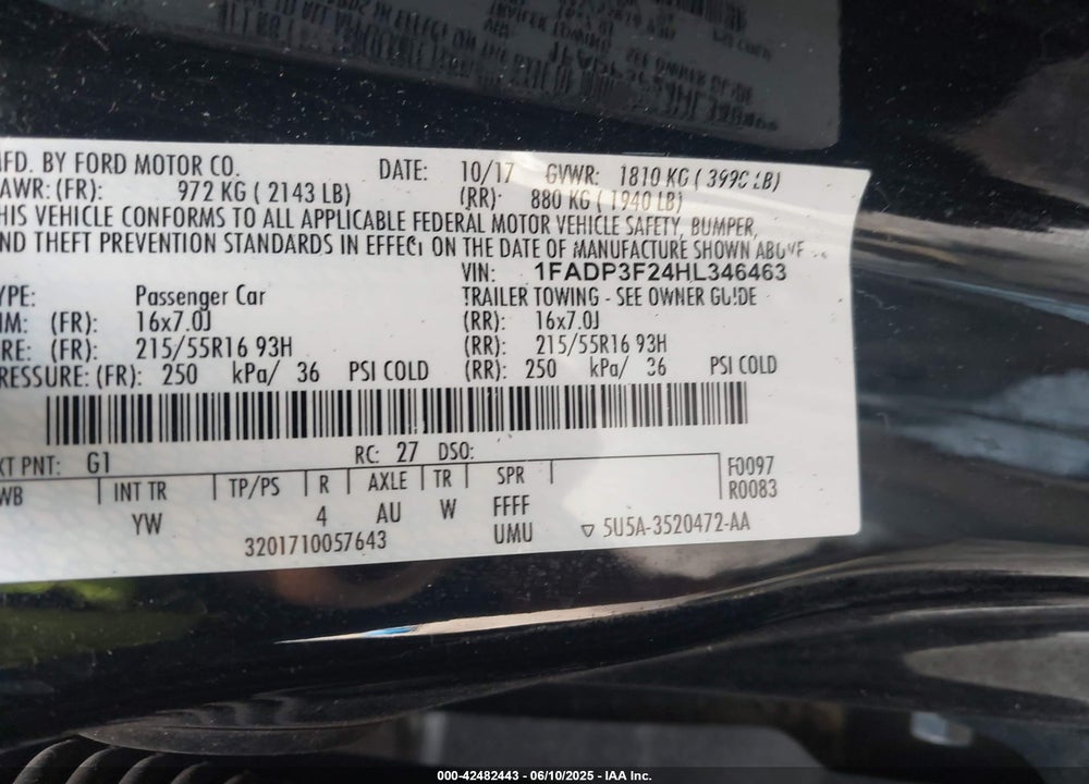 2017 FORD FOCUS VIN: 1FADP3F24HL346463