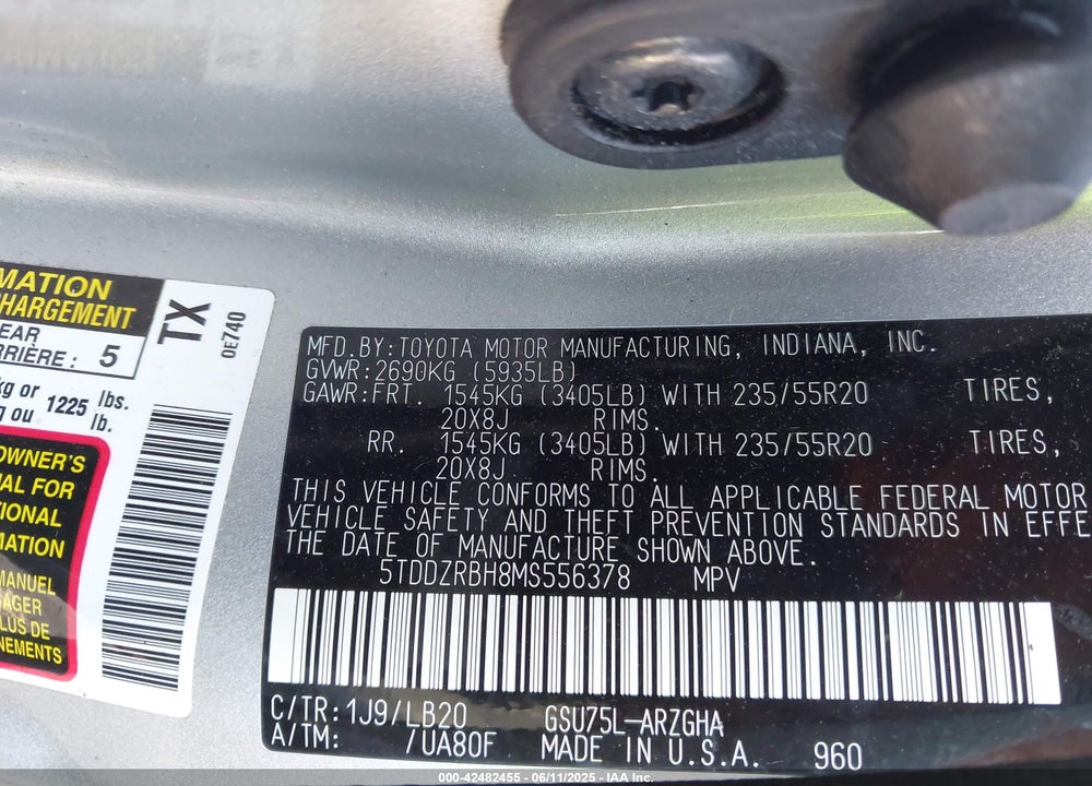 2021 TOYOTA HIGHLANDER VIN: 5TDDZRBH8MS556378