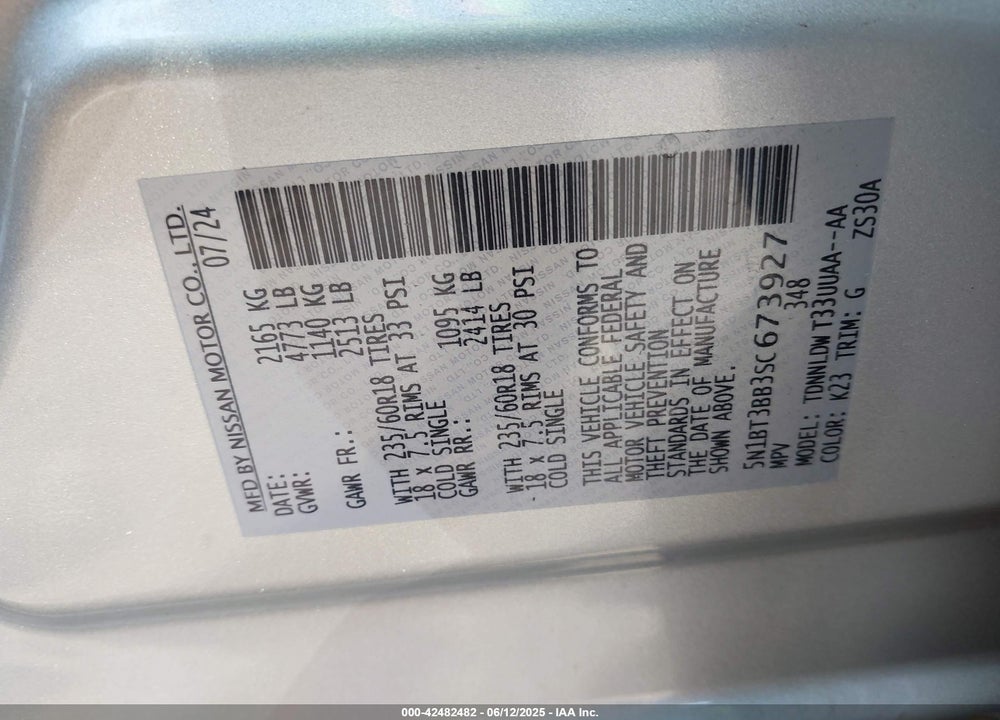 2025 NISSAN ROGUE VIN: 5N1BT3BB3SC673927