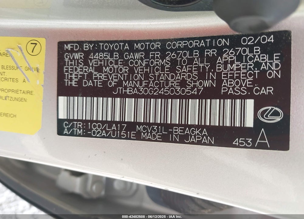 2004 LEXUS ES 330 VIN: JTHBA30G245030547