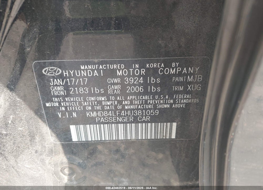 2017 HYUNDAI ELANTRA SE VIN: KMHD84LF4HU381059