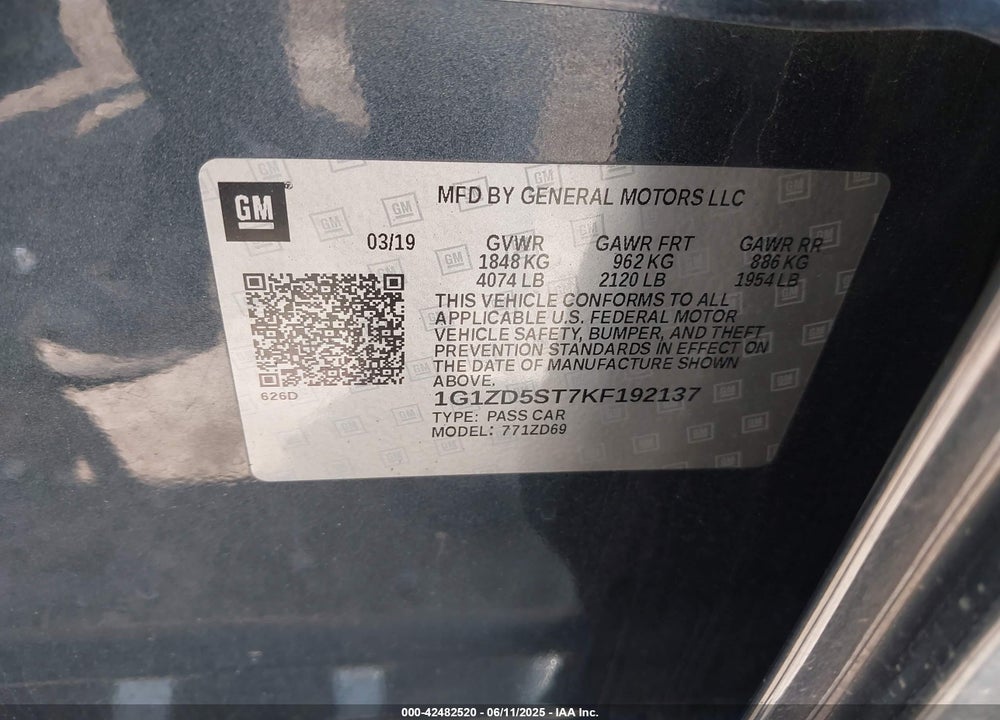2019 CHEVROLET MALIBU VIN: 1G1ZD5ST7KF192137