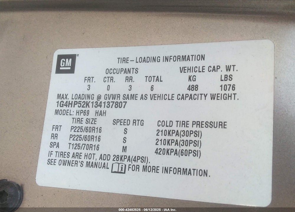 2003 BUICK LESABRE CUSTOM VIN: 1G4HP52K134137807