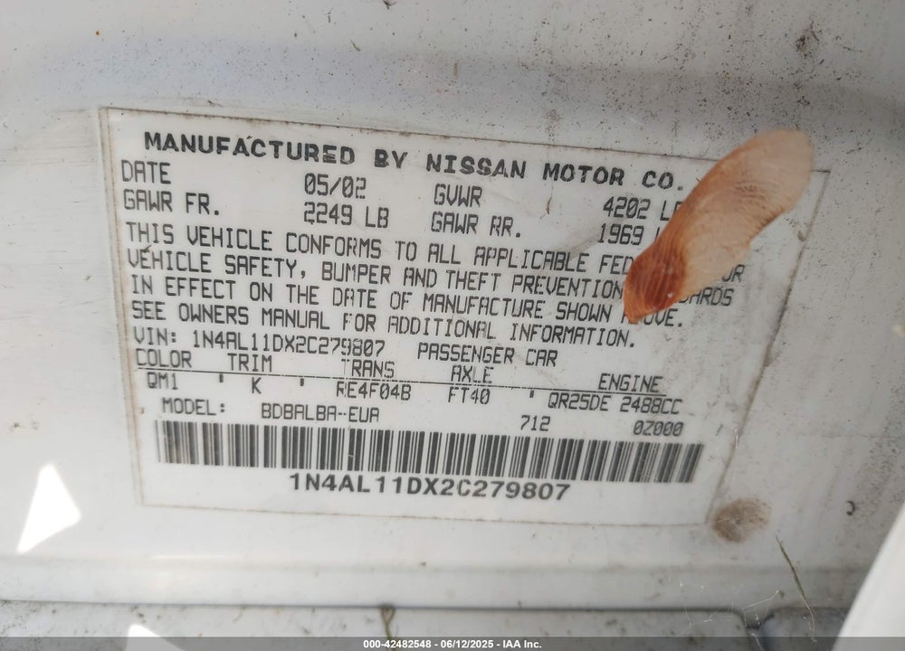 2002 NISSAN ALTIMA 2.5 S VIN: 1N4AL11DX2C279807