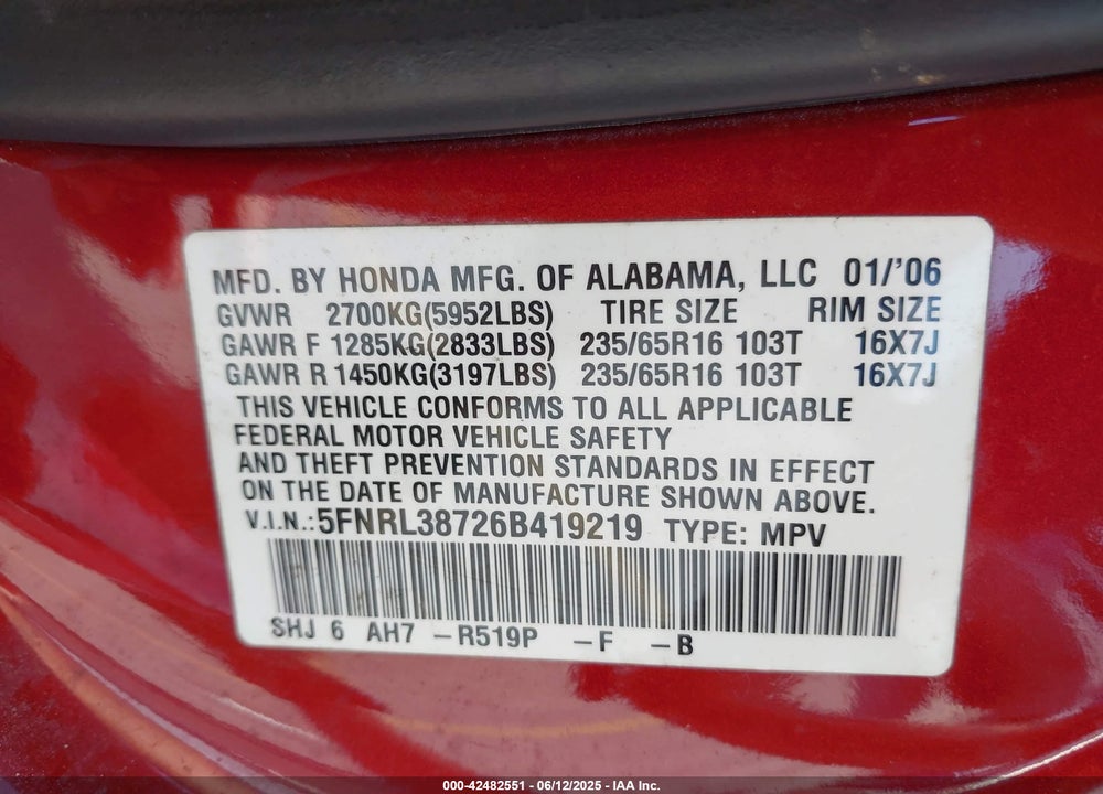 2006 HONDA ODYSSEY EX-L VIN: 5FNRL38726B419219