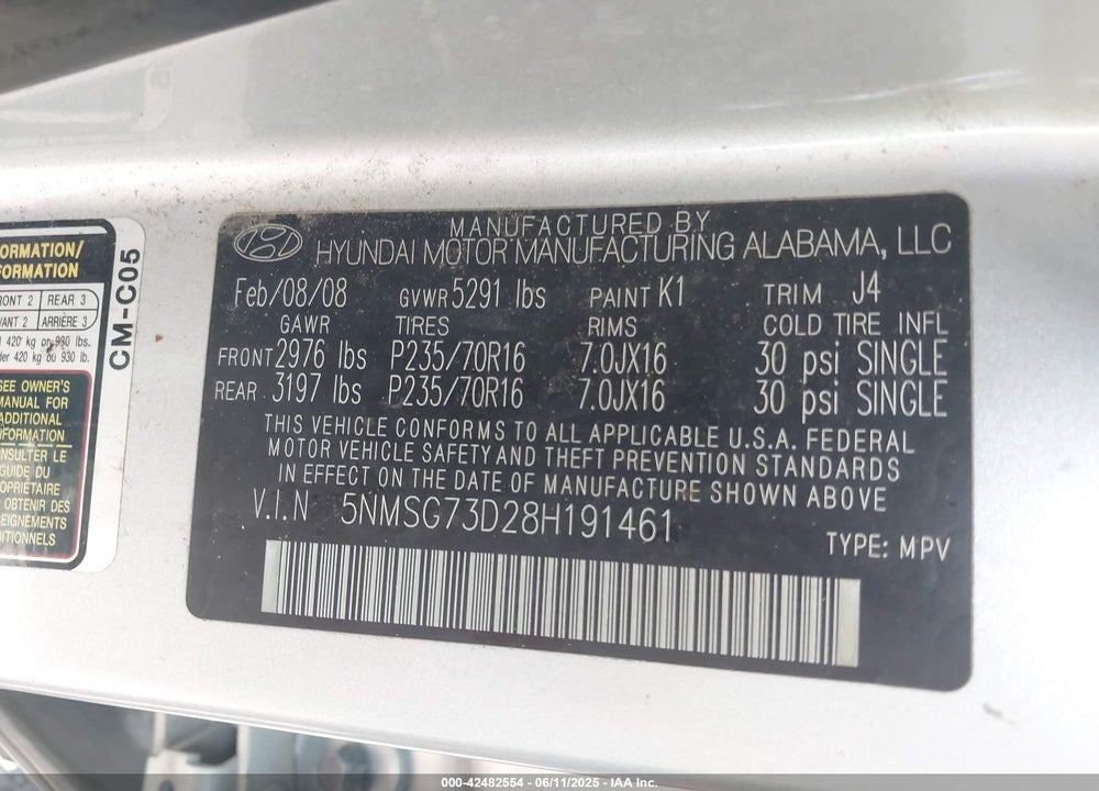 2008 HYUNDAI SANTA FE GLS VIN: 5NMSG73D28H191461