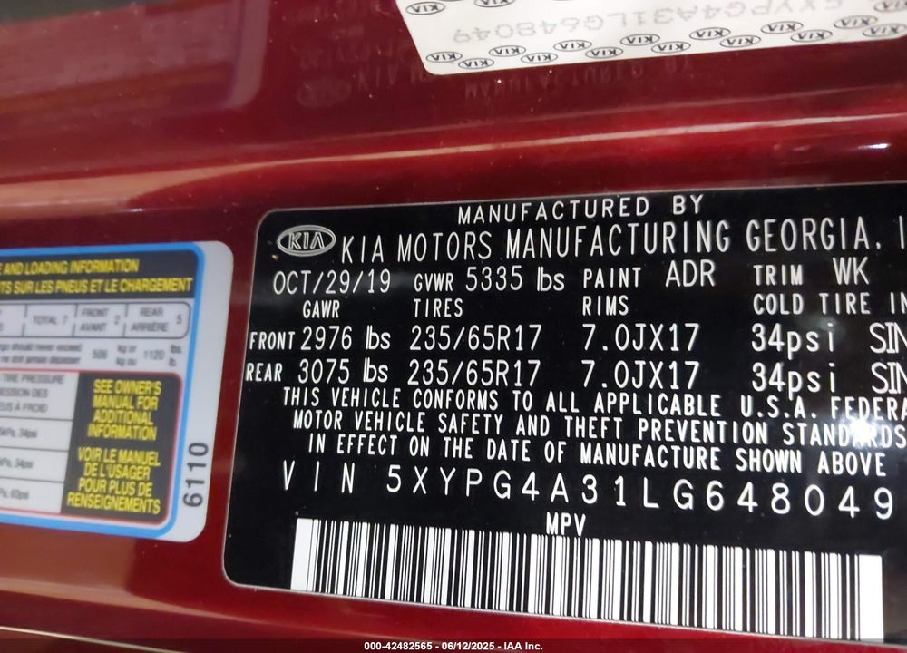 2020 KIA SORENTO 2.4L LX VIN: 5XYPG4A31LG648049