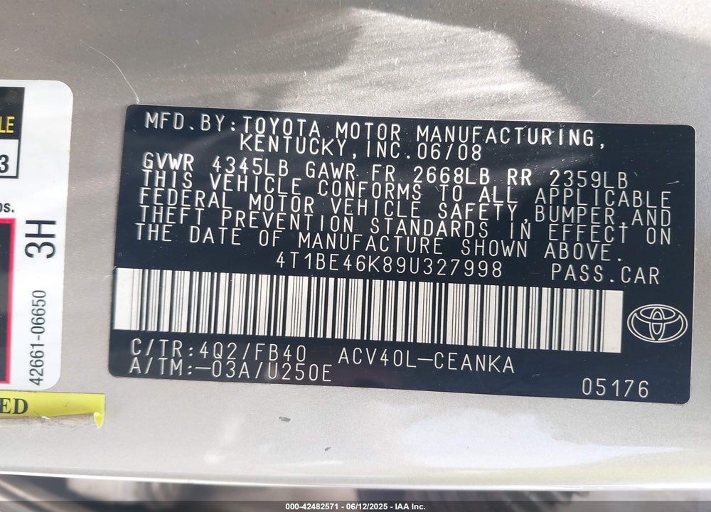 2009 TOYOTA CAMRY VIN: 4T1BE46K89U327998