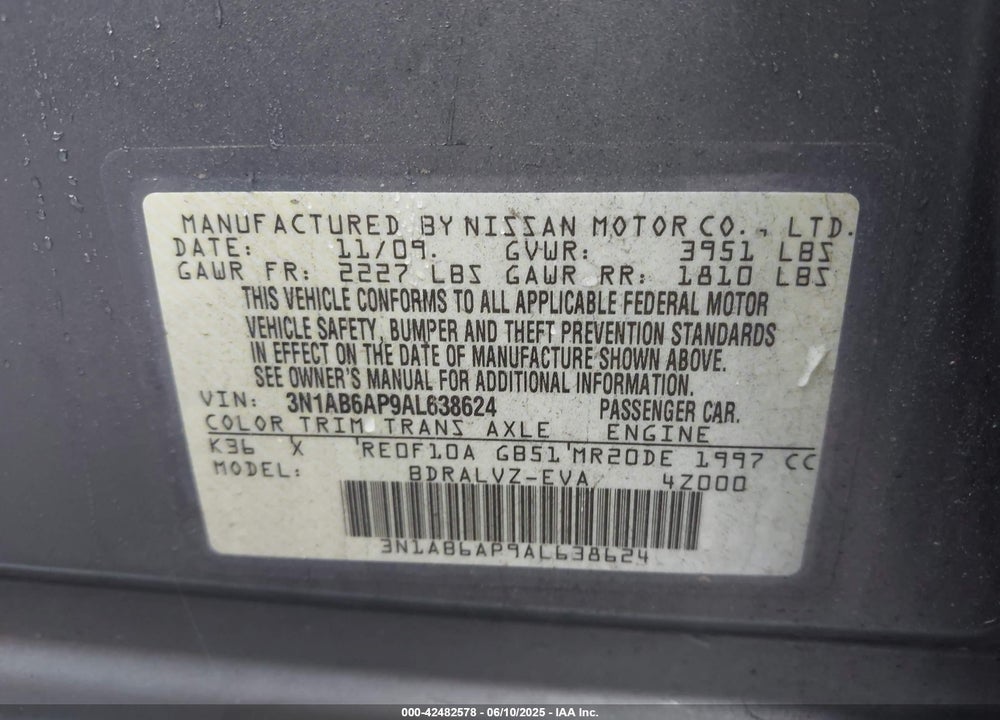 2010 NISSAN SENTRA 2.0SL VIN: 3N1AB6AP9AL638624