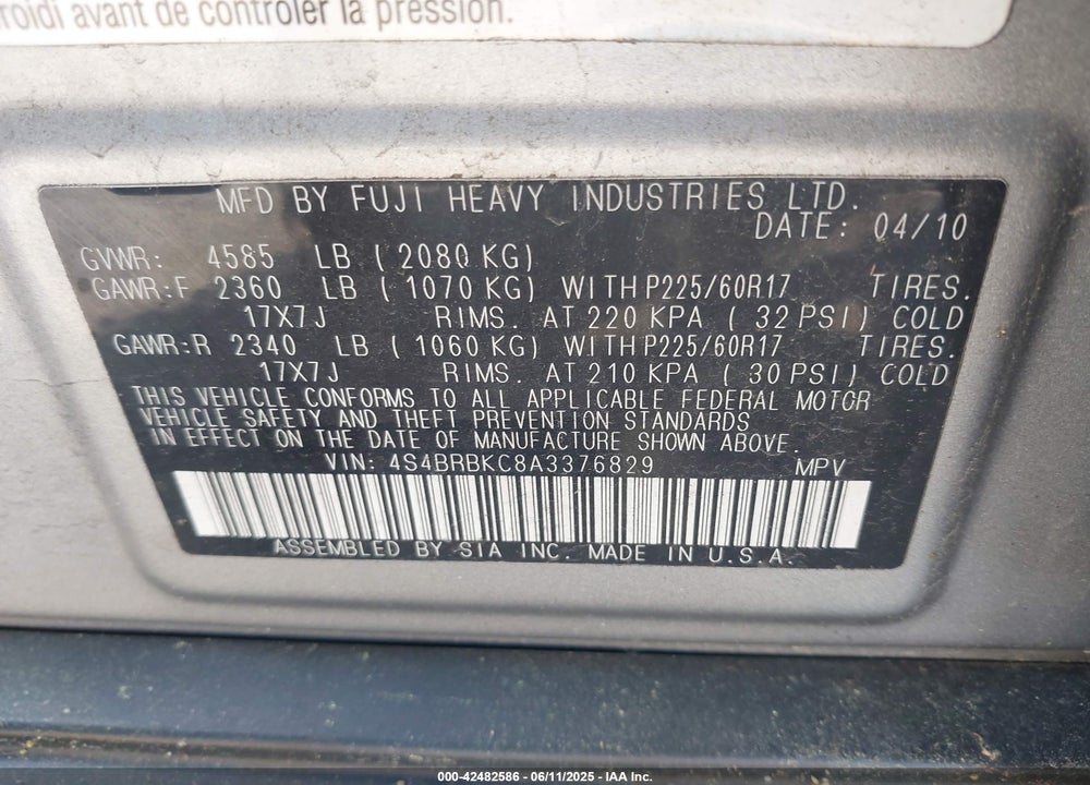 2010 SUBARU OUTBACK 2.5I LIMITED VIN: 4S4BRBKC8A3376829