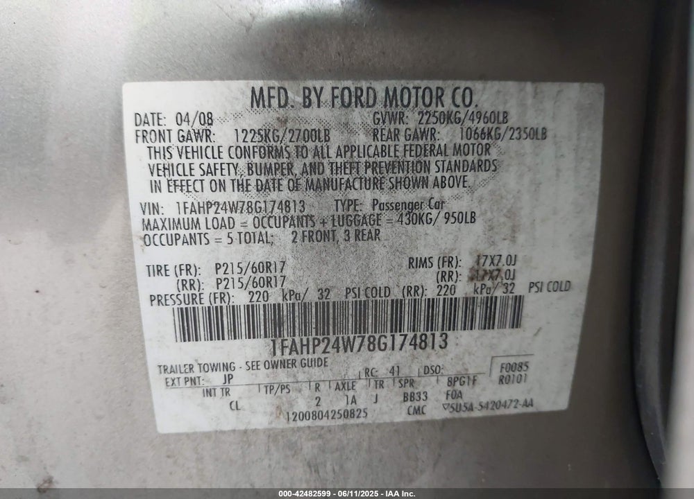 2008 FORD TAURUS SEL VIN: 1FAHP24W78G174813