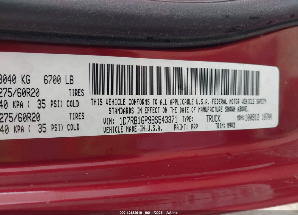 2011 RAM RAM 1500 VIN: 1D7RB1GP9BS543371