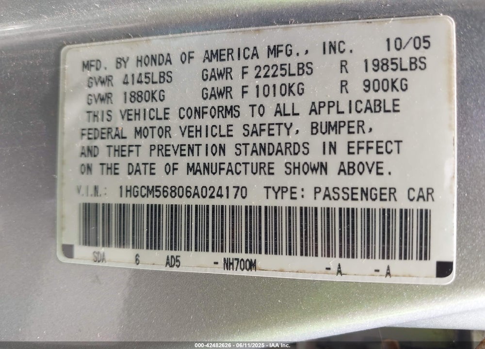 2006 HONDA ACCORD 2.4 EX VIN: 1HGCM56806A024170