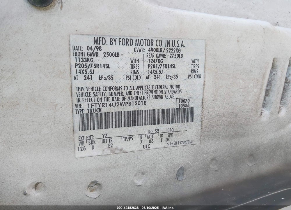 1998 FORD RANGER SPLASH/XL/XLT VIN: 1FTYR14U2WPB12018