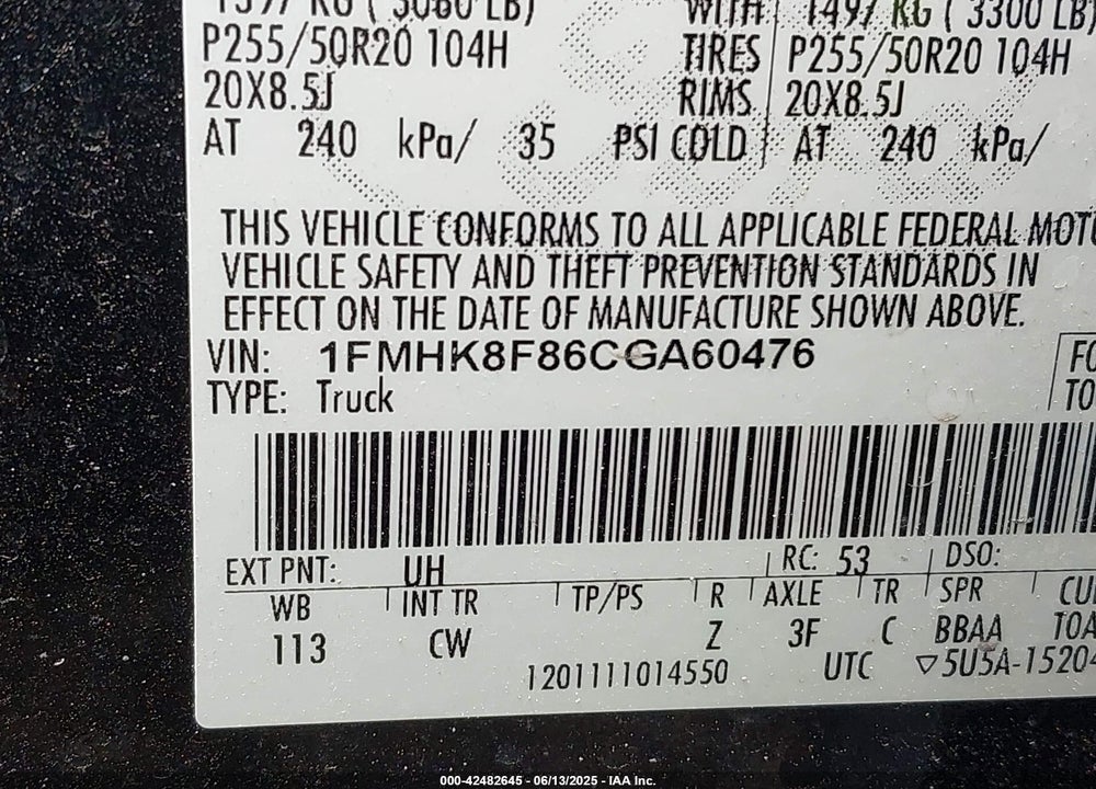 2012 FORD EXPLORER LIMITED VIN: 1FMHK8F86CGA60476