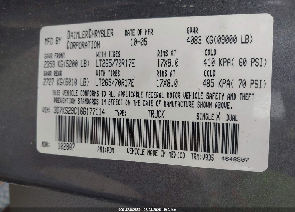 2006 DODGE RAM 2500 VIN: 3D7KS29C16G177114