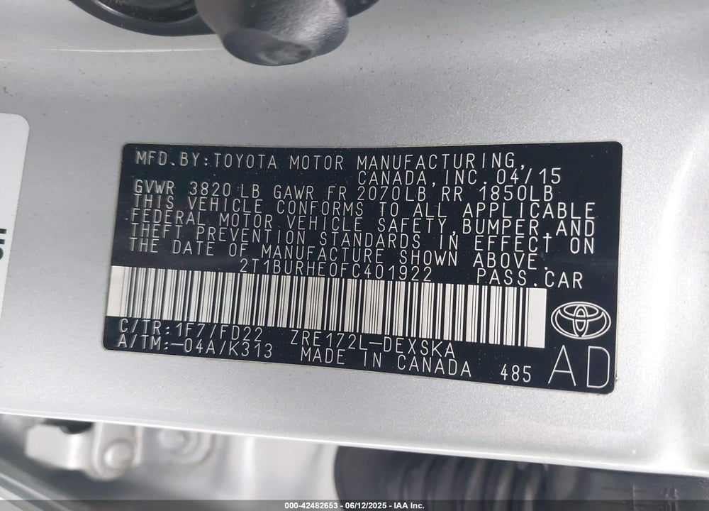 2015 TOYOTA COROLLA VIN: 2T1BURHE0FC401922