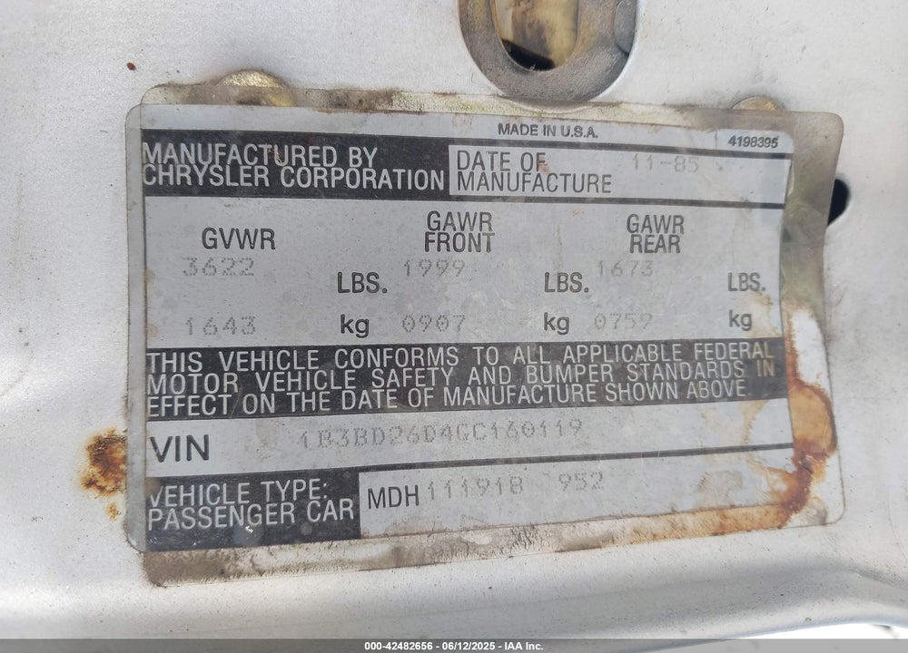 1986 DODGE ARIES VIN: 1B3BD26D4GC160119