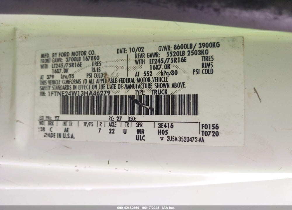 2003 FORD E-250 COMMERCIAL/RECREATIONAL VIN: 1FTNE24W13HA46279
