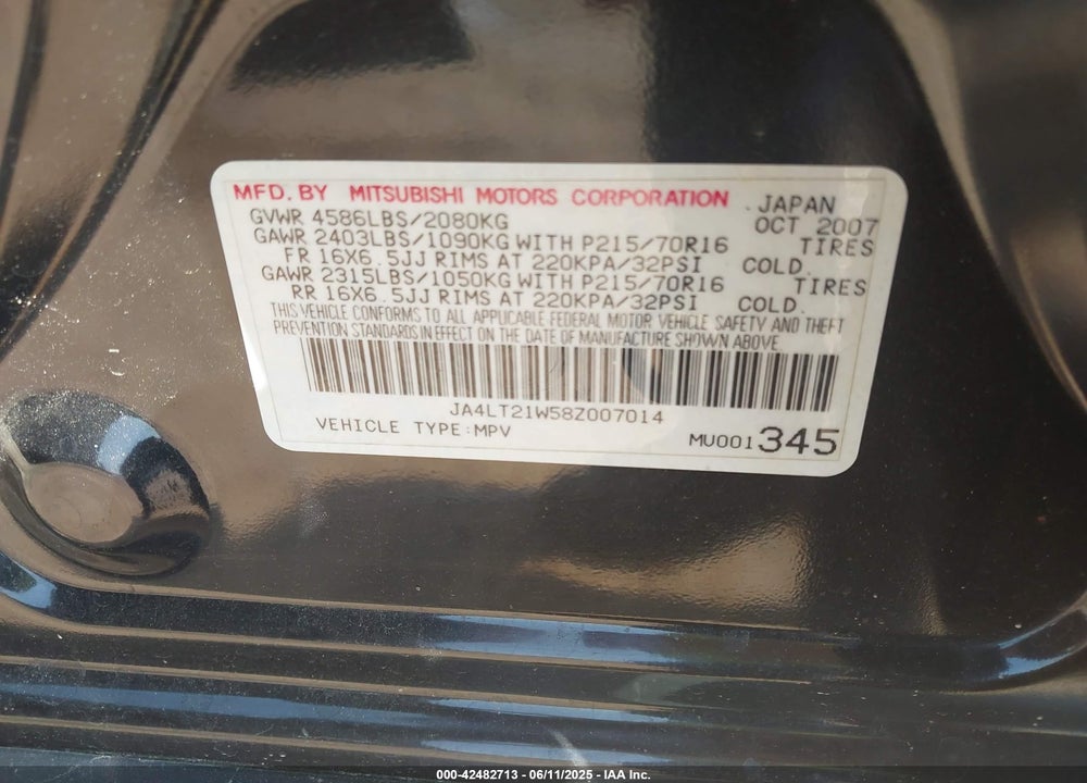 2008 MITSUBISHI OUTLANDER VIN: JA4LT21W58Z007014