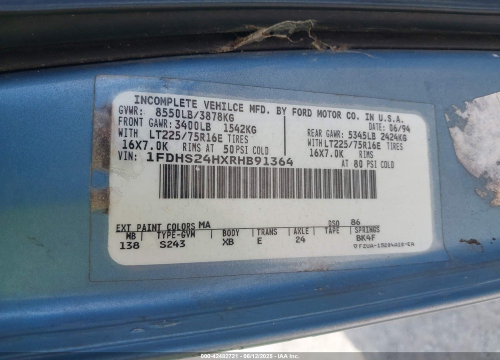1994 FORD ECONOLINE E250 SUPER DUTY VAN VIN: 1FDHS24HXRHB91364