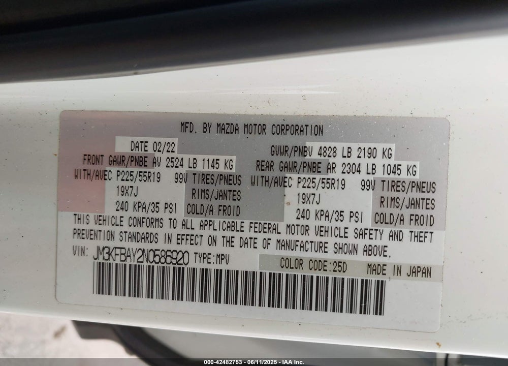 2022 MAZDA CX-5 VIN: JM3KFBAY2N0586920