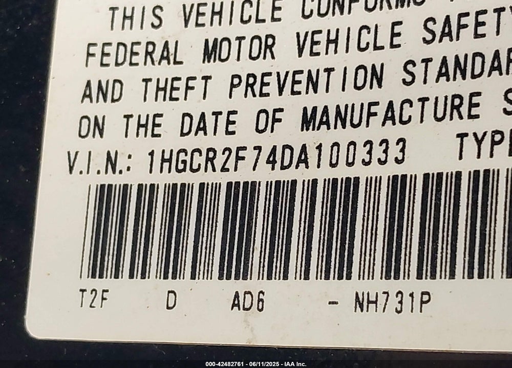 2013 HONDA ACCORD VIN: 1HGCR2F74DA100333