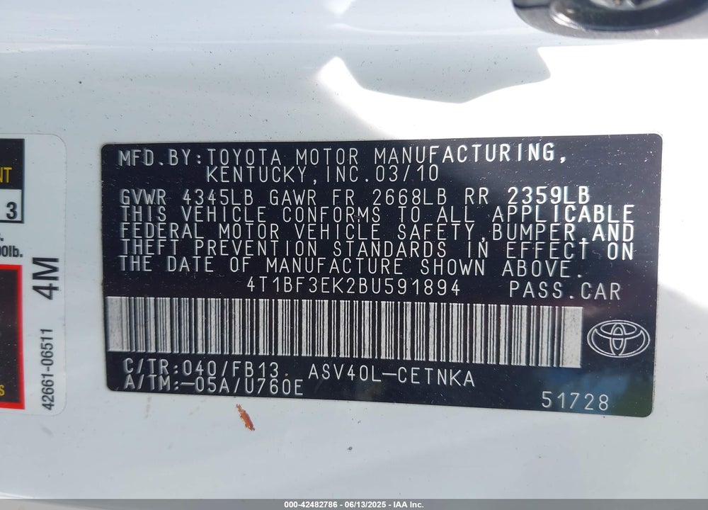 2011 TOYOTA CAMRY VIN: 4T1BF3EK2BU591894