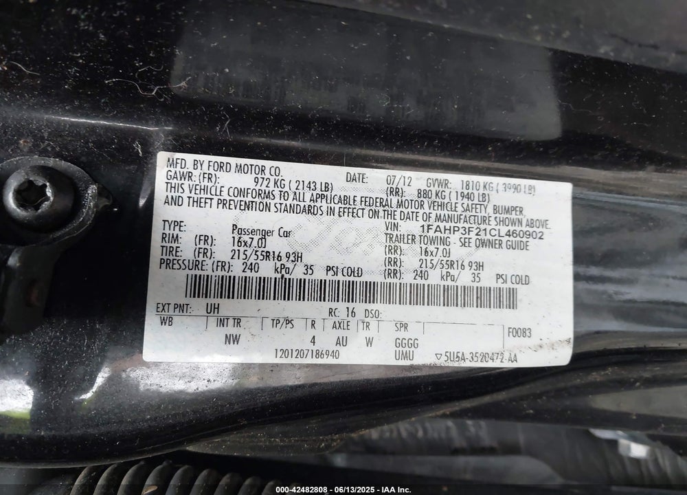 2012 FORD FOCUS SE VIN: 1FAHP3F21CL460902