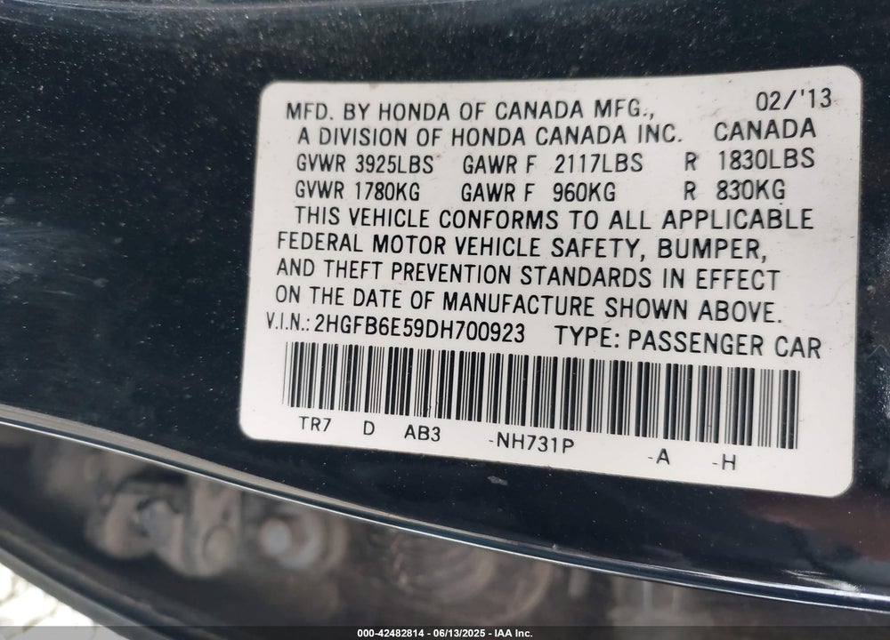 2013 HONDA CIVIC VIN: 2HGFB6E59DH700923
